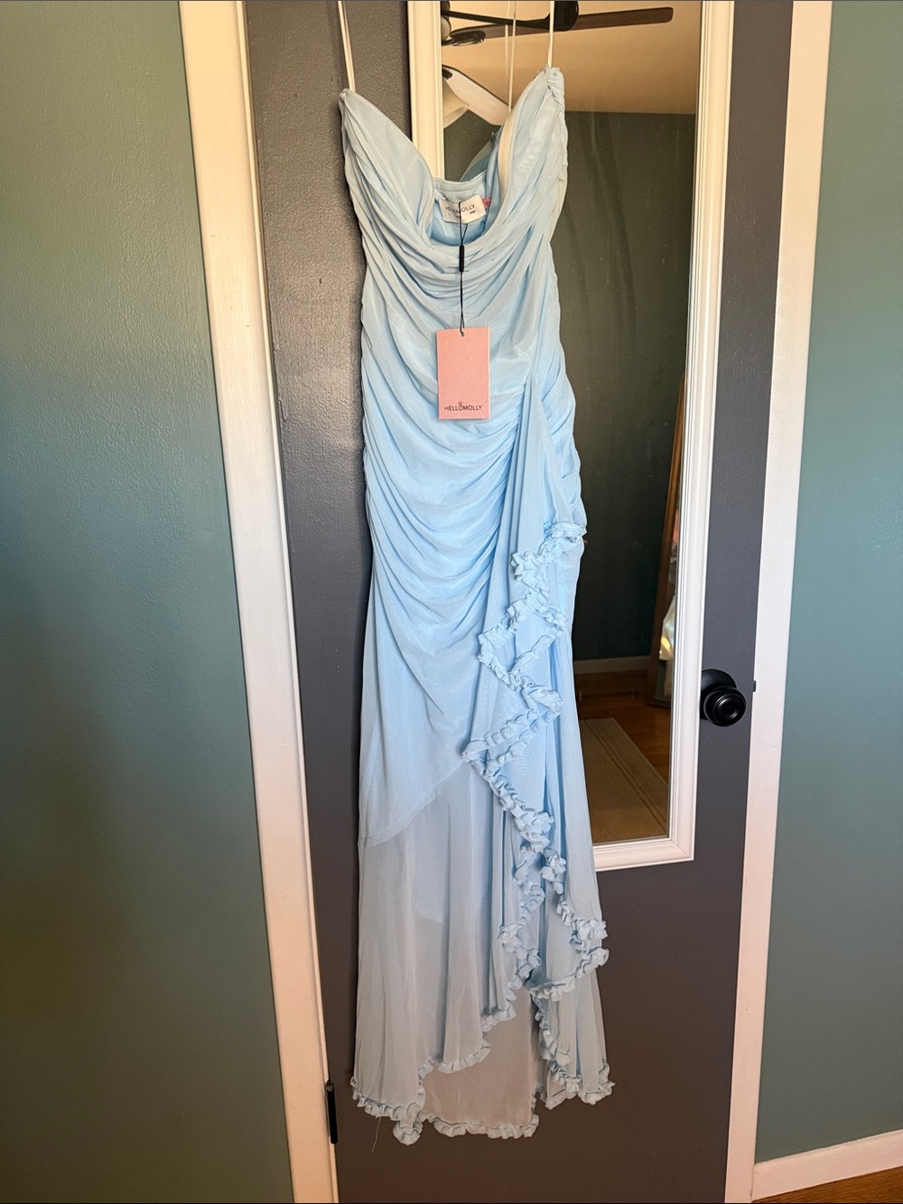 Hello Molly Spark Soirée Strapless Mesh Maxi Dress in Baby Blue